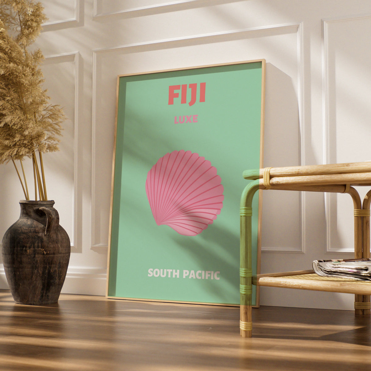 Fiji Travel Poster, South Pacific Wall Art, Retro Shell Print, Mint Pink Coastal Decor