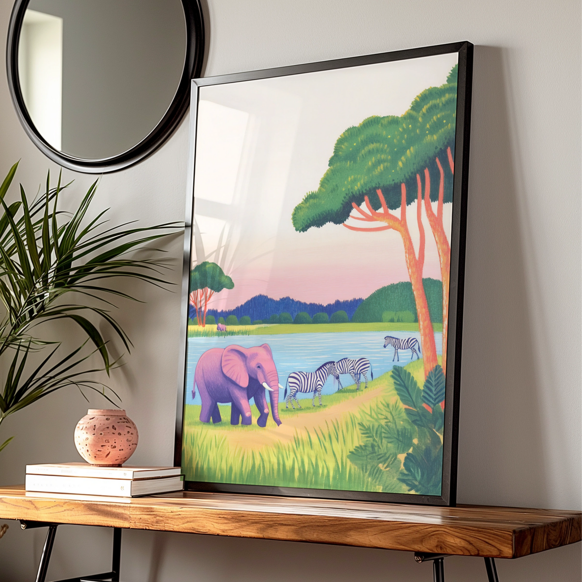Safari Nursery Wall Art, Elephant Zebra Print, Colourful Animal Poster for Kids Room Decor
