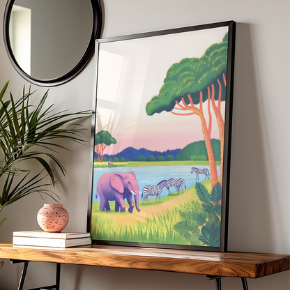 Safari Nursery Wall Art, Elephant Zebra Print, Colourful Animal Poster for Kids Room Decor