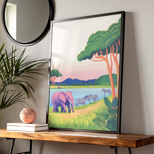 Safari Nursery Wall Art, Elephant Zebra Print, Colourful Animal Poster for Kids Room Decor