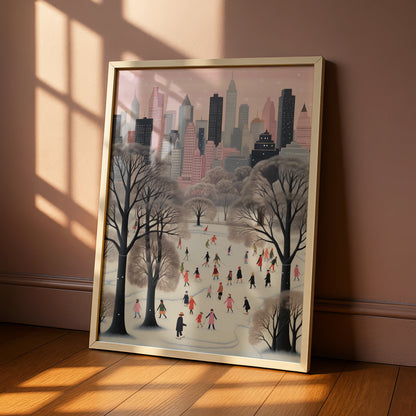 Christmas New York City Winter Poster, Central Park Ice Skating Wall Art Print