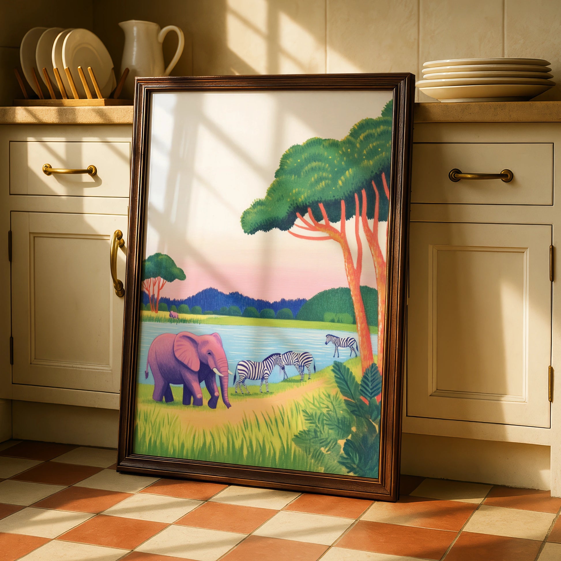 Safari Nursery Wall Art, Elephant Zebra Print, Colourful Animal Poster for Kids Room Decor