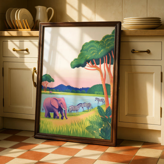 Safari Nursery Wall Art, Elephant Zebra Print, Colourful Animal Poster for Kids Room Decor