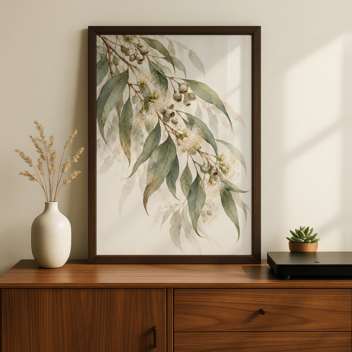 Eucalyptus Blossom Print, Australian Botanical Wall Art, Watercolour Gum Leaves Poster