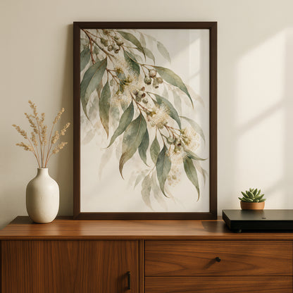 Eucalyptus Blossom Print, Australian Botanical Wall Art, Watercolour Gum Leaves Poster