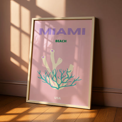 Miami Beach Travel Poster, Florida USA Wall Art, Retro Coral Print, Pink Coastal Decor