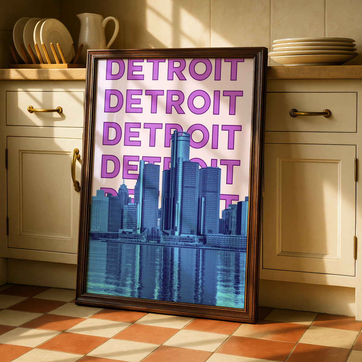 Detroit Travel Poster, Michigan City Skyline Wall Art, Retro Purple Blue Print