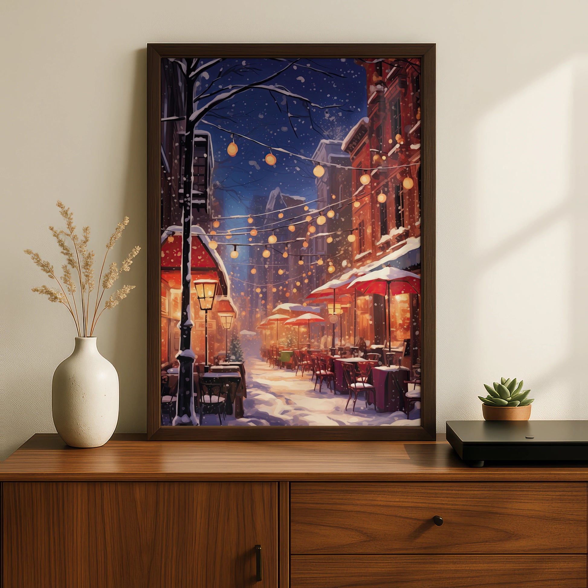 Christmas Street Scene Poster, Snowy Winter Night Wall Art, Festive City Lights Print