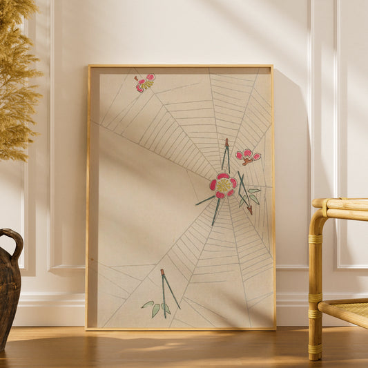 Japanese Botanical Print, Floral Spider Web Wall Art, Vintage Japandi Poster, Minimalist Japanese – A5 print