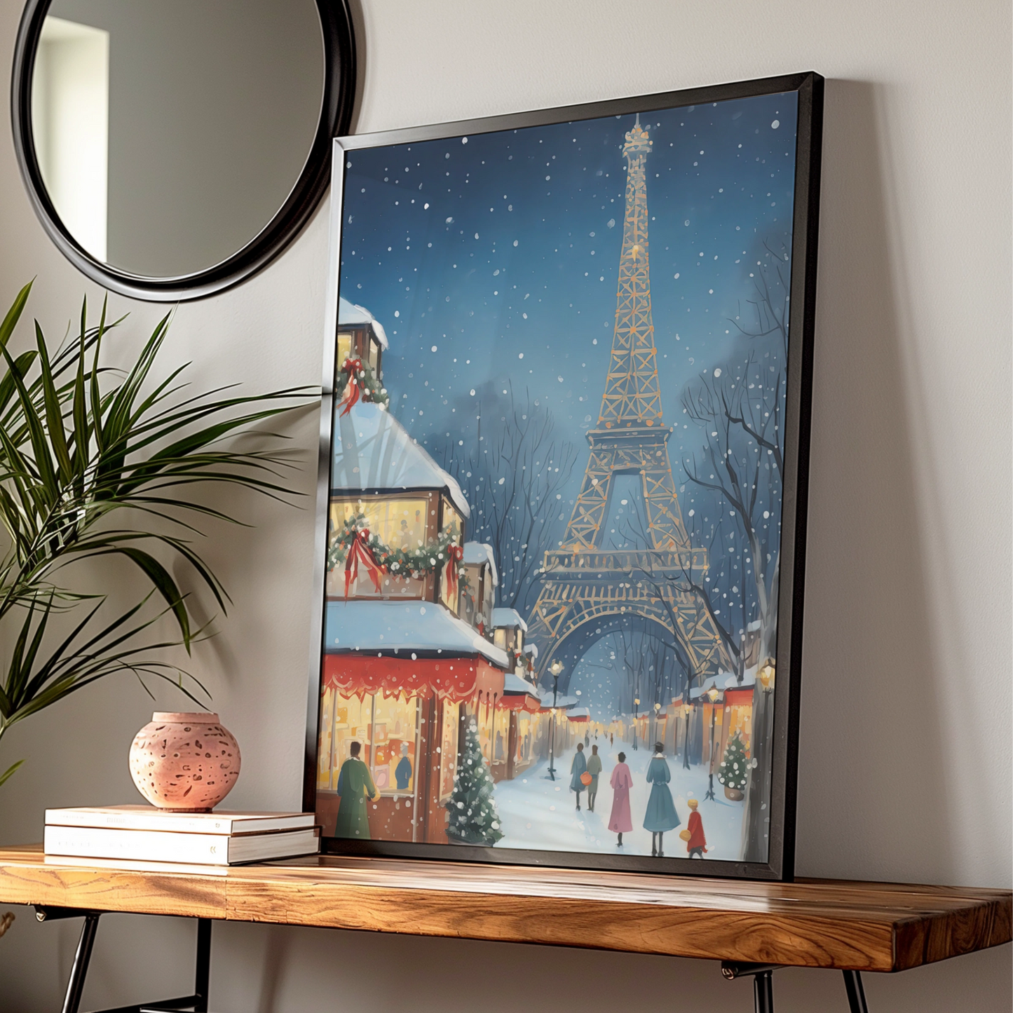 Paris Christmas Poster, Eiffel Tower Winter Snow Scene, French Holiday Wall Art Print