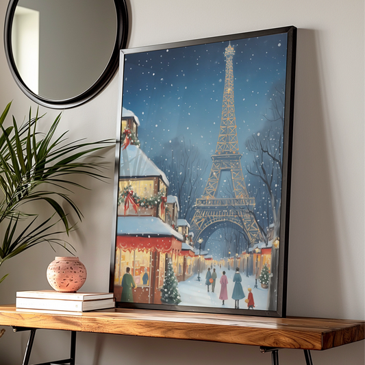 Paris Christmas Poster, Eiffel Tower Winter Snow Scene, French Holiday Wall Art Print