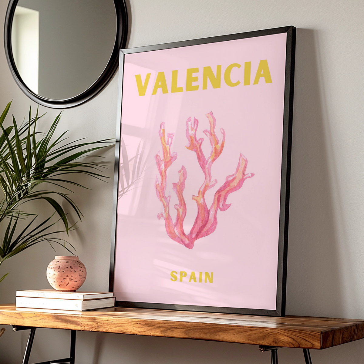 Valencia Spain Travel Poster, Coral Wall Art, Pink Retro Print, Spanish City Decor