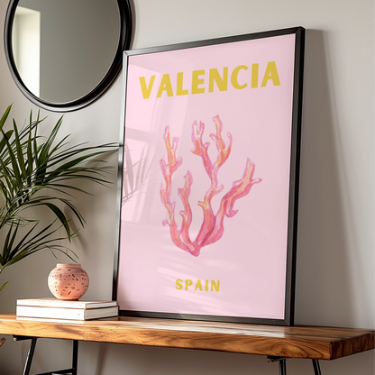 Valencia Spain Travel Poster, Coral Wall Art, Pink Retro Print, Spanish City Decor
