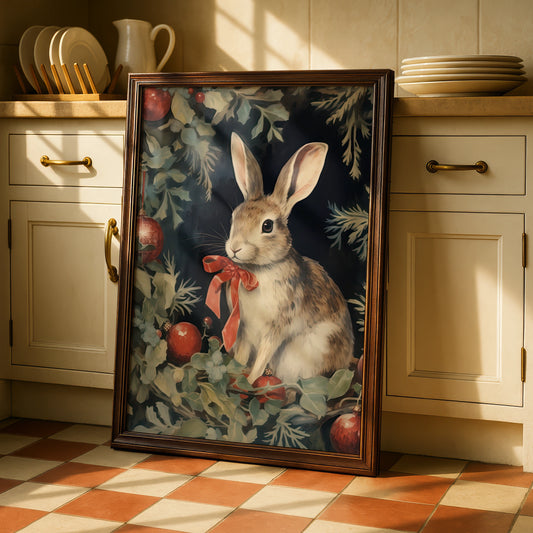 Christmas Rabbit Poster, Festive Bunny Wall Art, Holiday Rabbit Print, Vintage Xmas Decor