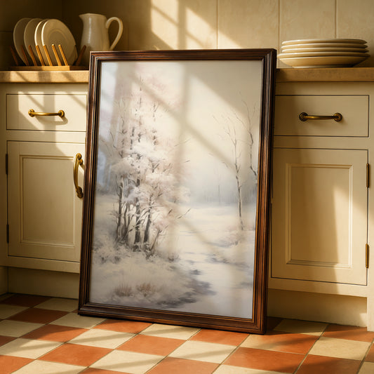 Christmas Winter Landscape Poster, Snowy Trees Wall Art, Neutral Festive Print, Minimalist Xmas
