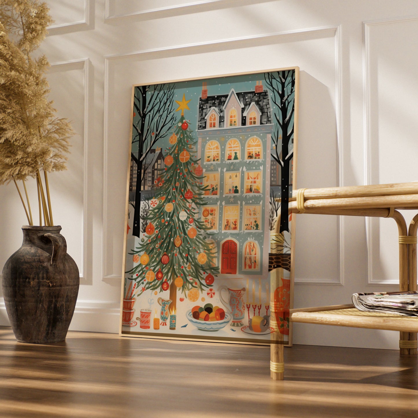 Christmas Tree Poster, Festive Winter Street Scene, Cosy Holiday Wall Art Print