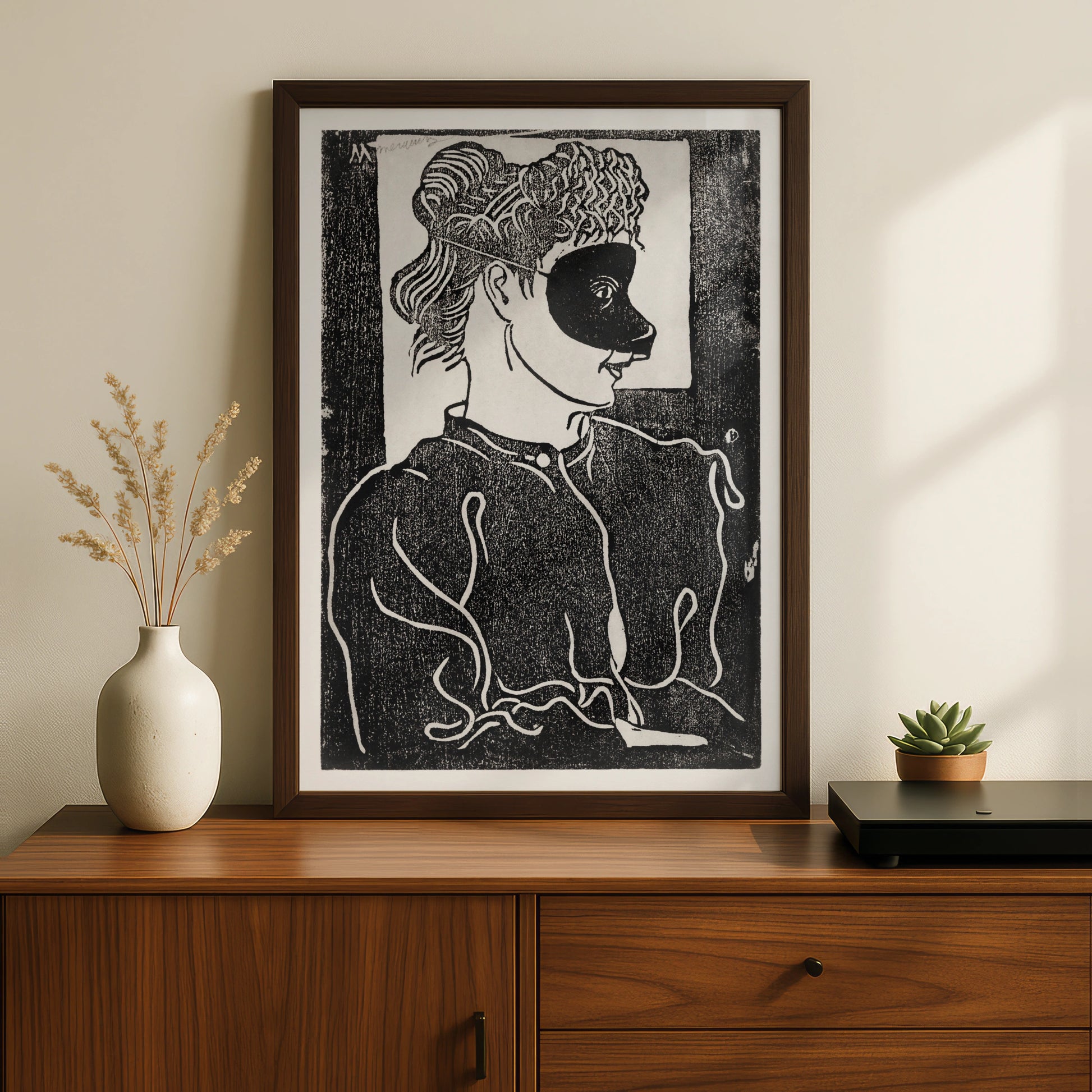 Halloween Masquerade Mask Woman Poster, Black White Woodcut Art Print, Gothic Wall Art