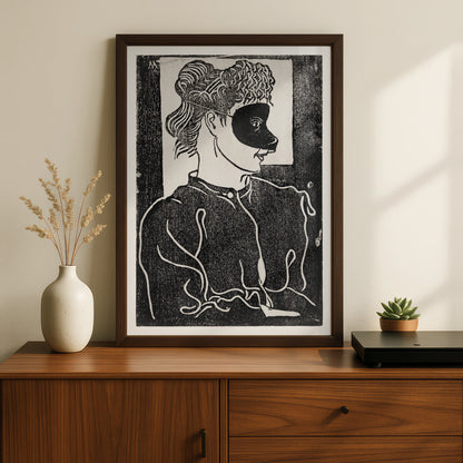 Halloween Masquerade Mask Woman Poster, Black White Woodcut Art Print, Gothic Wall Art
