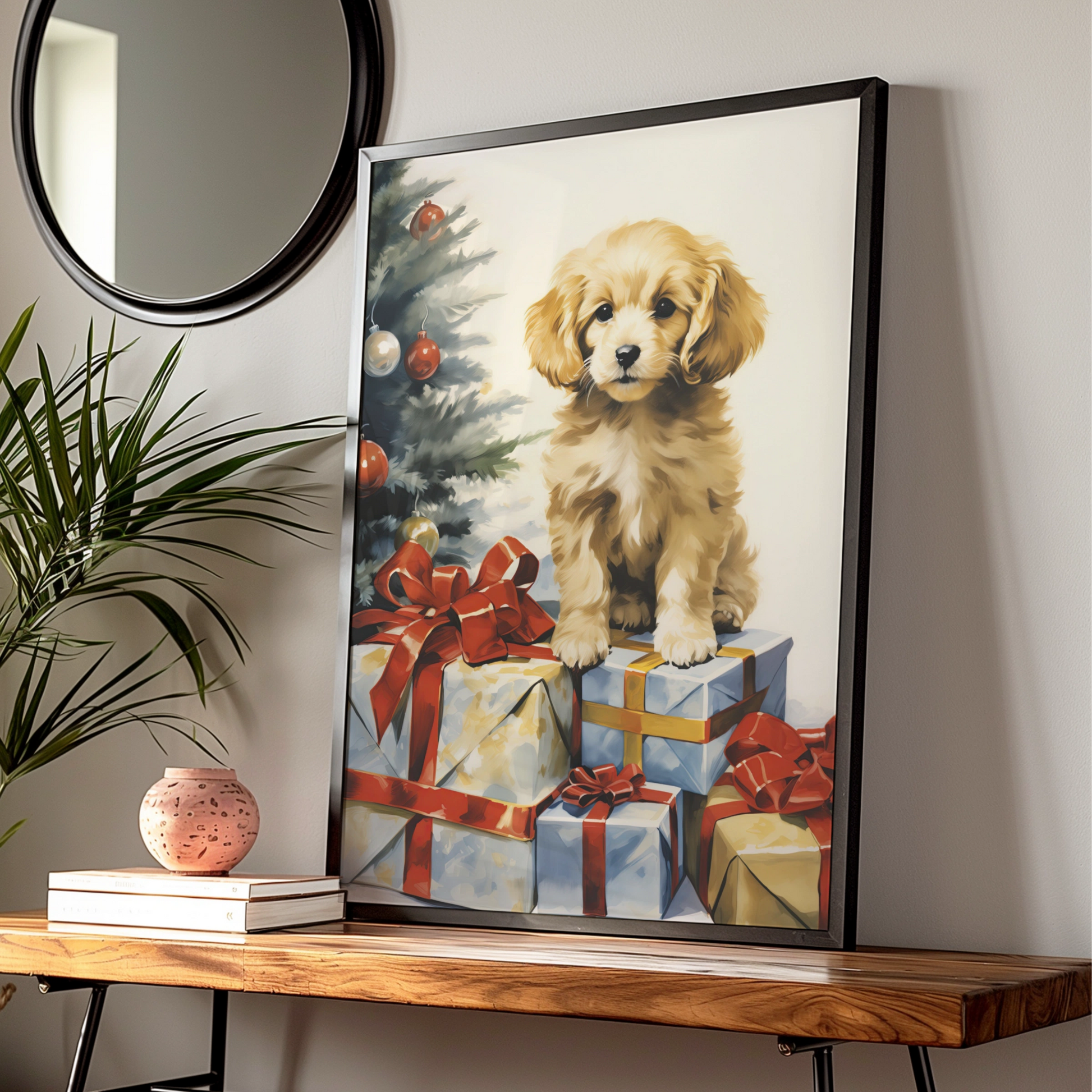 Christmas Puppy Poster, Golden Dog with Gifts Art Print, Festive Xmas Wall Decor