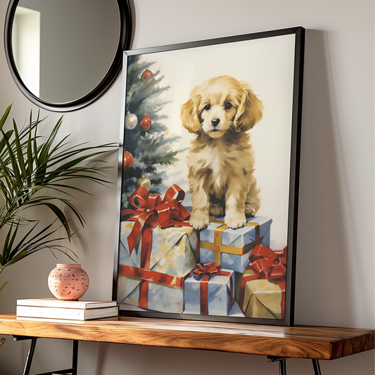 Christmas Puppy Poster, Golden Dog with Gifts Art Print, Festive Xmas Wall Decor