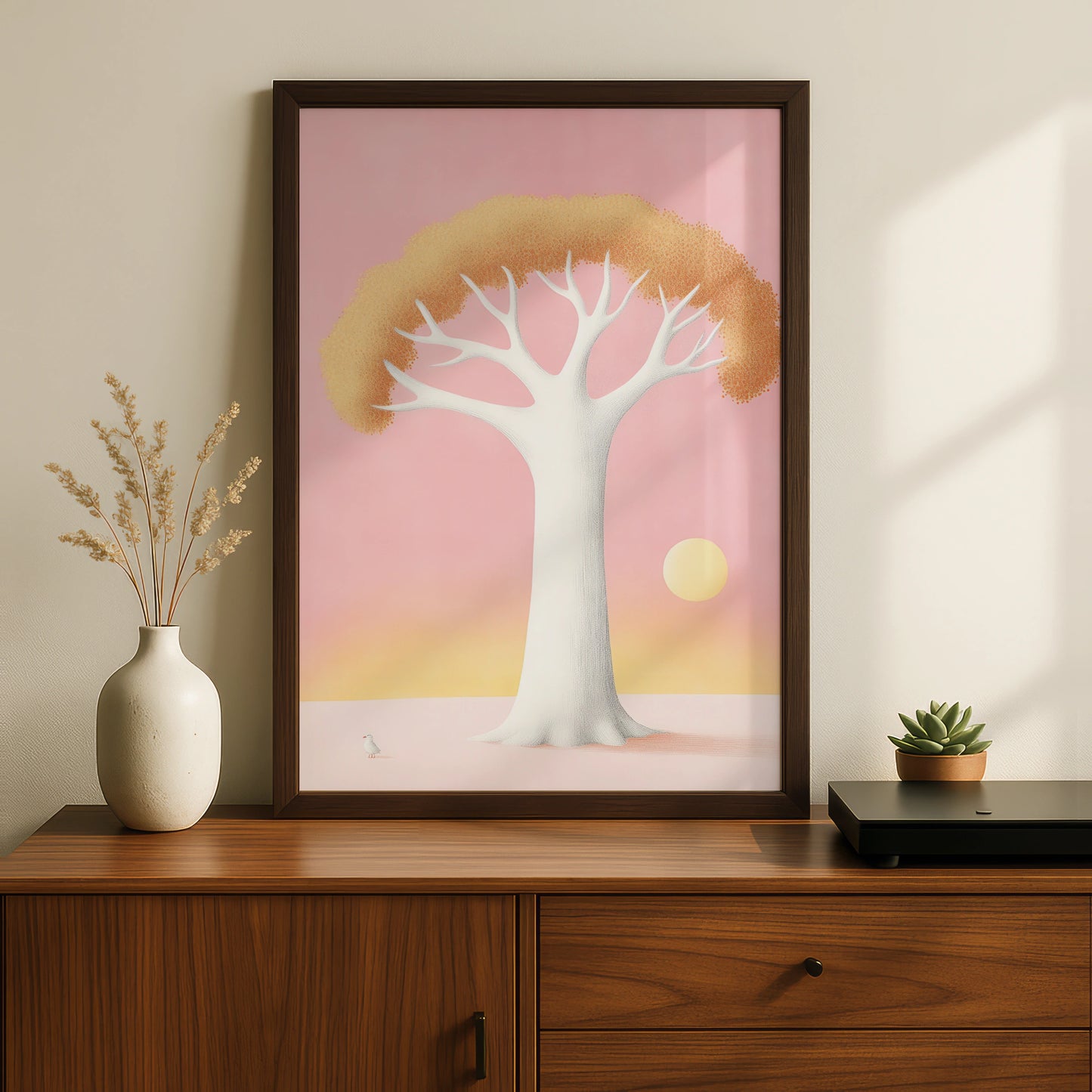 Nursery Wall Art Pink Tree Print, Boho Baby Room Poster, Pastel Sunset Children's Decor