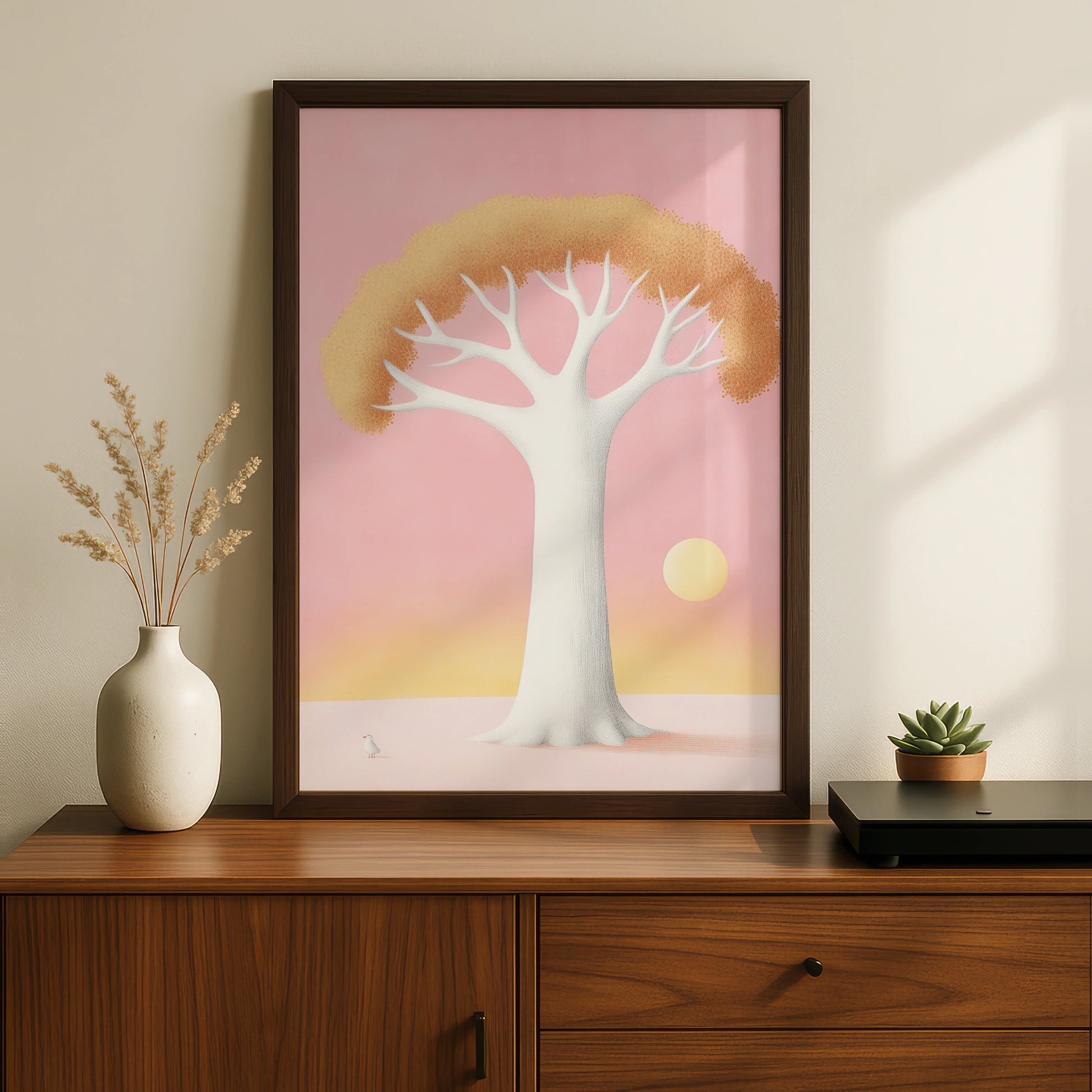 Nursery Wall Art Pink Tree Print, Boho Baby Room Poster, Pastel Sunset Children's Decor