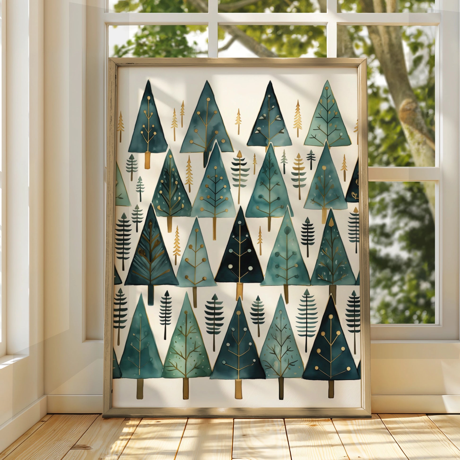 Christmas Tree Poster, Teal Gold Festive Wall Art, Minimalist Xmas Pine Forest Print
