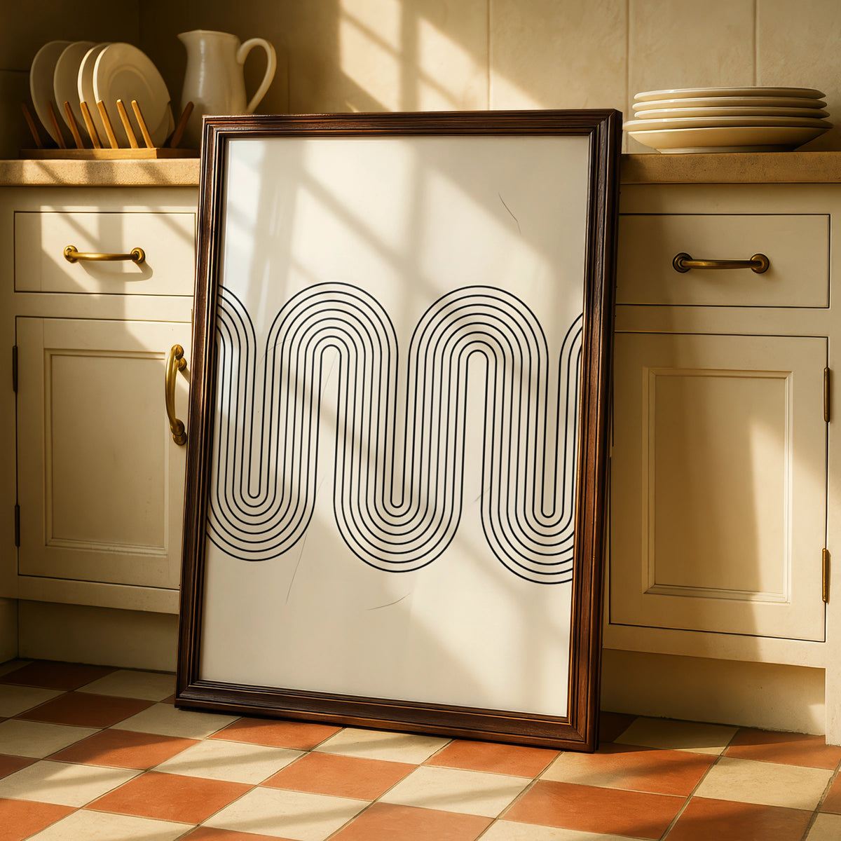 Monochrome Wave Line Art Print, Minimalist Black White Poster, Modern Wall Decor