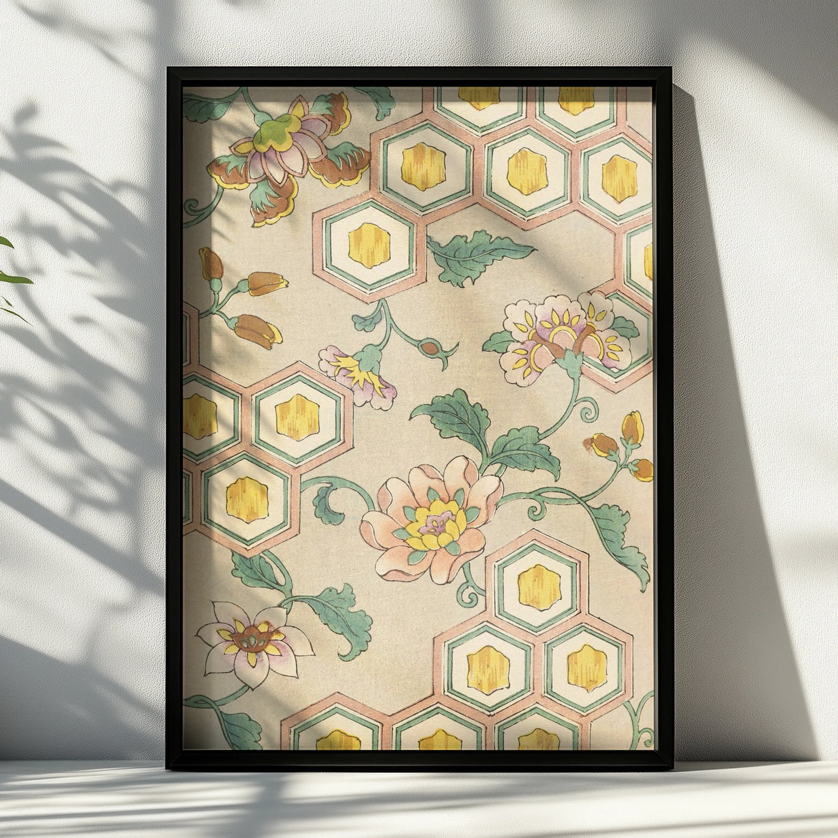 Japanese Botanical Print, Vintage Floral Woodblock Wall Art, Japandi Poster, Peony – A4 Black frame