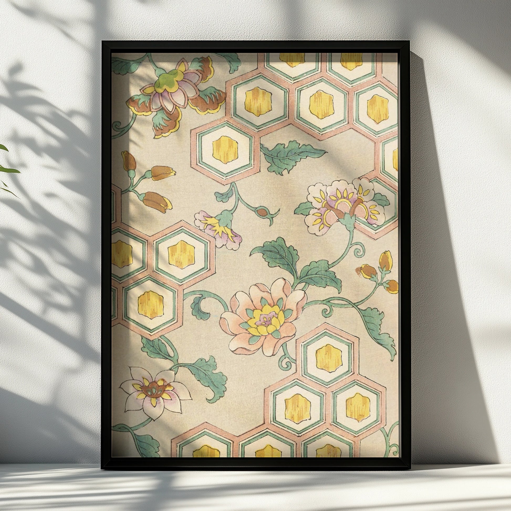 Japanese Botanical Print, Vintage Floral Woodblock Wall Art, Japandi Poster, Peony – A4 Black frame