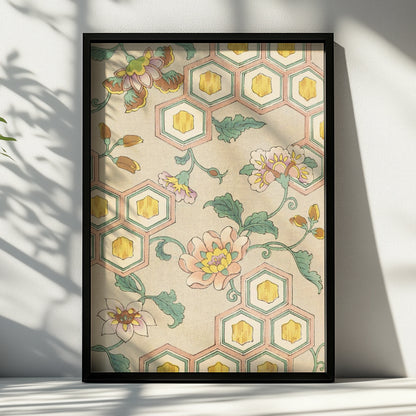 Japanese Botanical Print, Vintage Floral Woodblock Wall Art, Japandi Poster, Peony – A4 Black frame