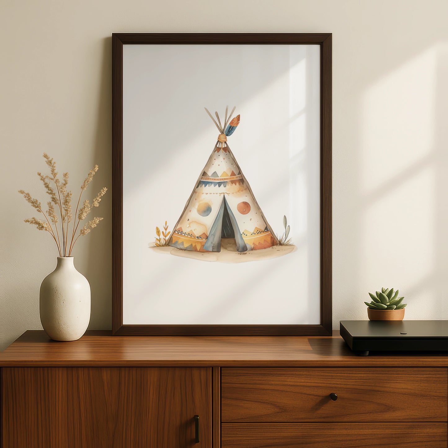 Boho Teepee Nursery Wall Art, Tribal Tipi Poster, Baby Boy Room Decor, Watercolour Print