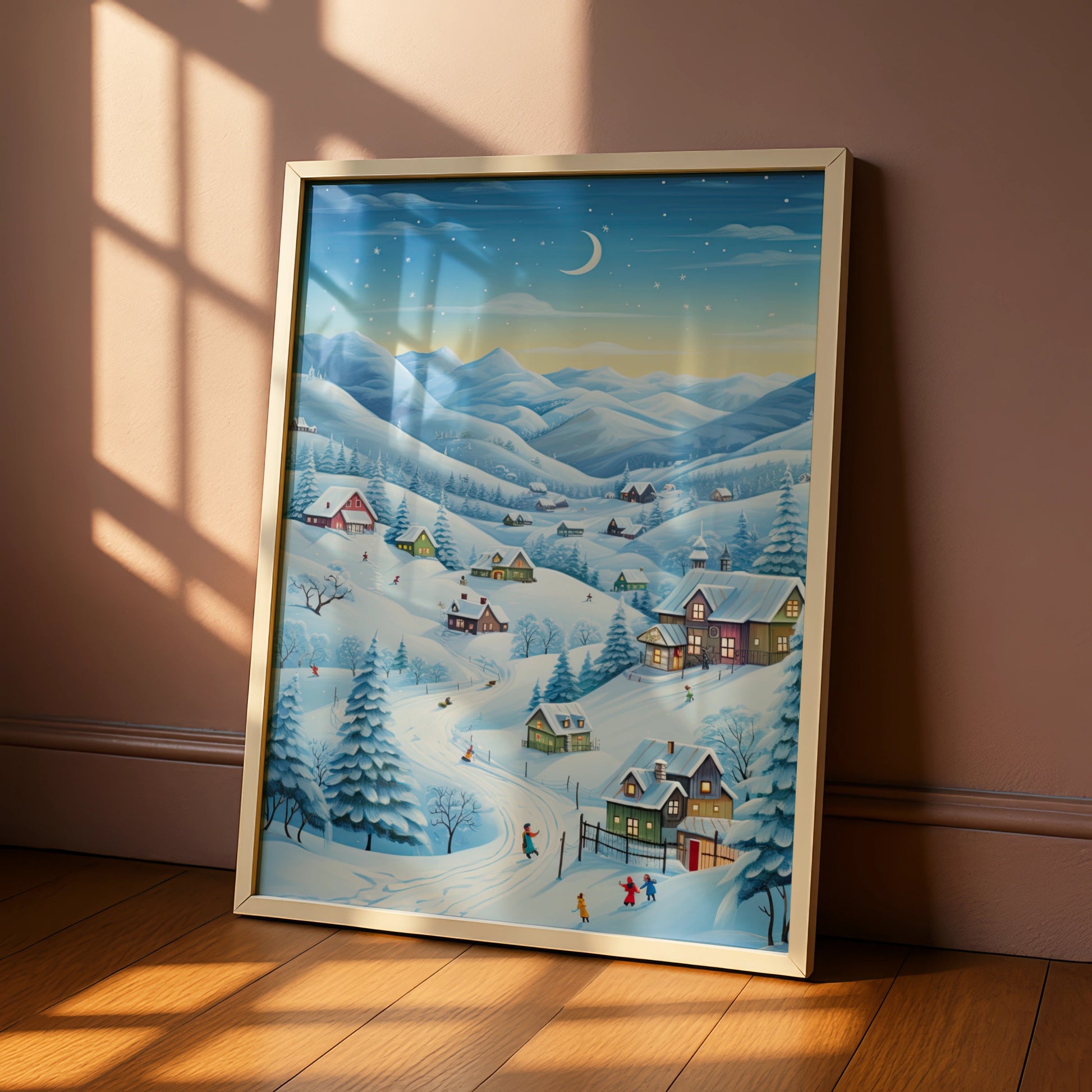 Christmas Village Winter Scene Poster, Snowy Landscape Wall Art, Festive Holiday Print