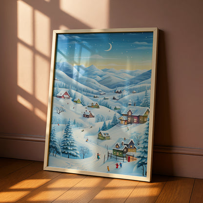 Christmas Village Winter Scene Poster, Snowy Landscape Wall Art, Festive Holiday Print