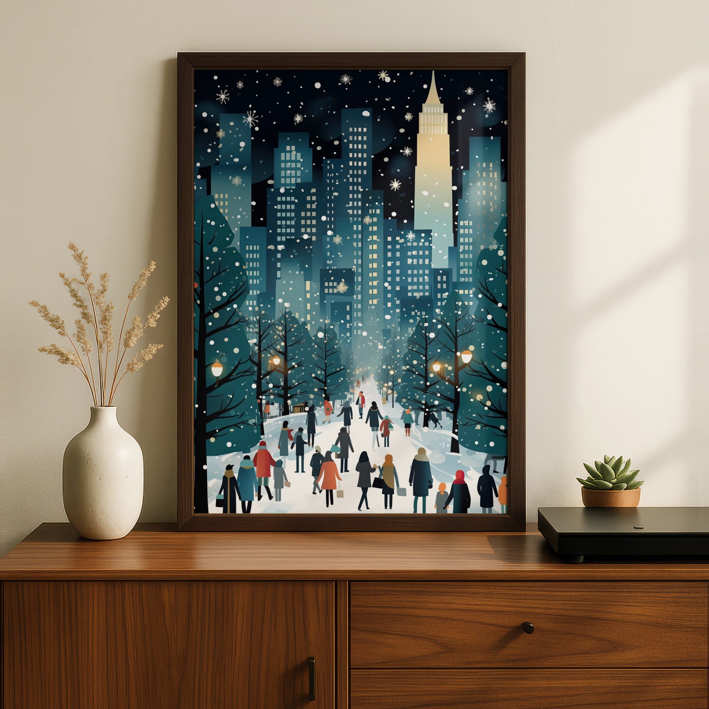 Christmas New York City Poster, Winter Snowy NYC Skyline Art, Festive Holiday Wall Decor Print
