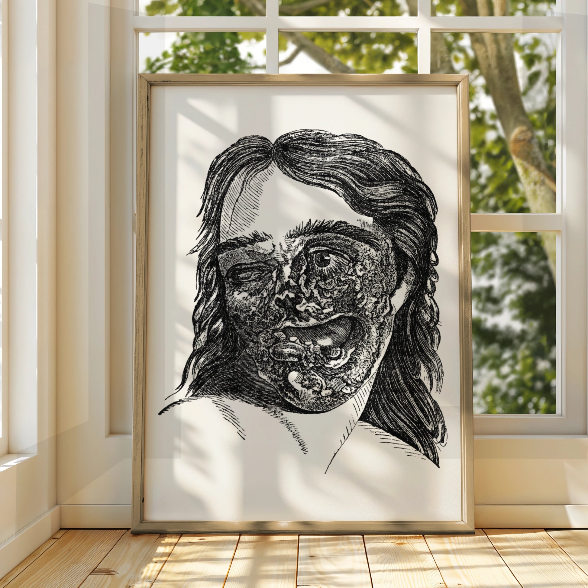 Halloween Horror Poster, Gothic Zombie Face Wall Art, Vintage Engraving Dark Print