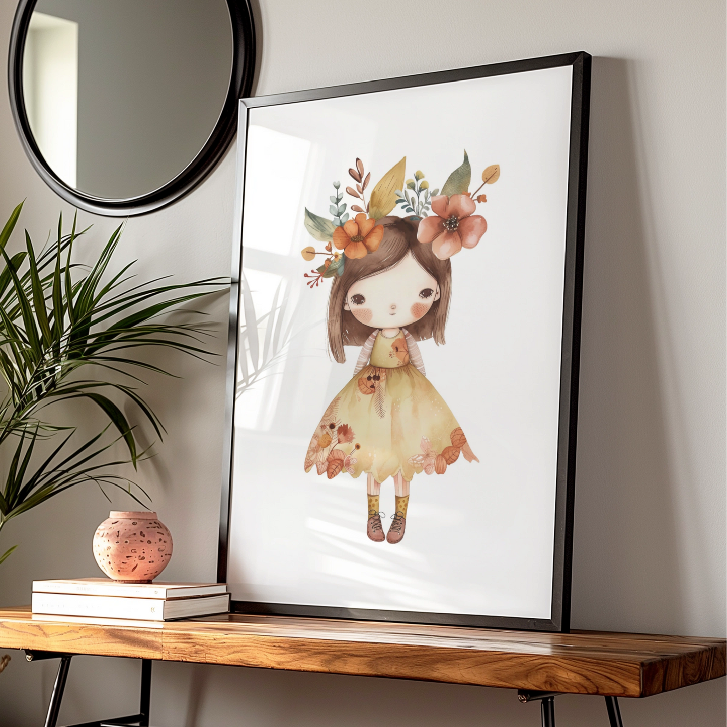 Boho Flower Girl Nursery Wall Art, Cute Girl Poster, Floral Crown Print for Baby Girls Room