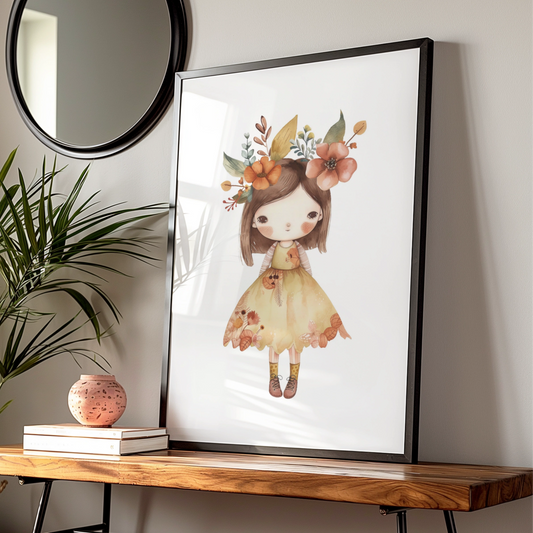 Boho Flower Girl Nursery Wall Art, Cute Girl Poster, Floral Crown Print for Baby Girls Room