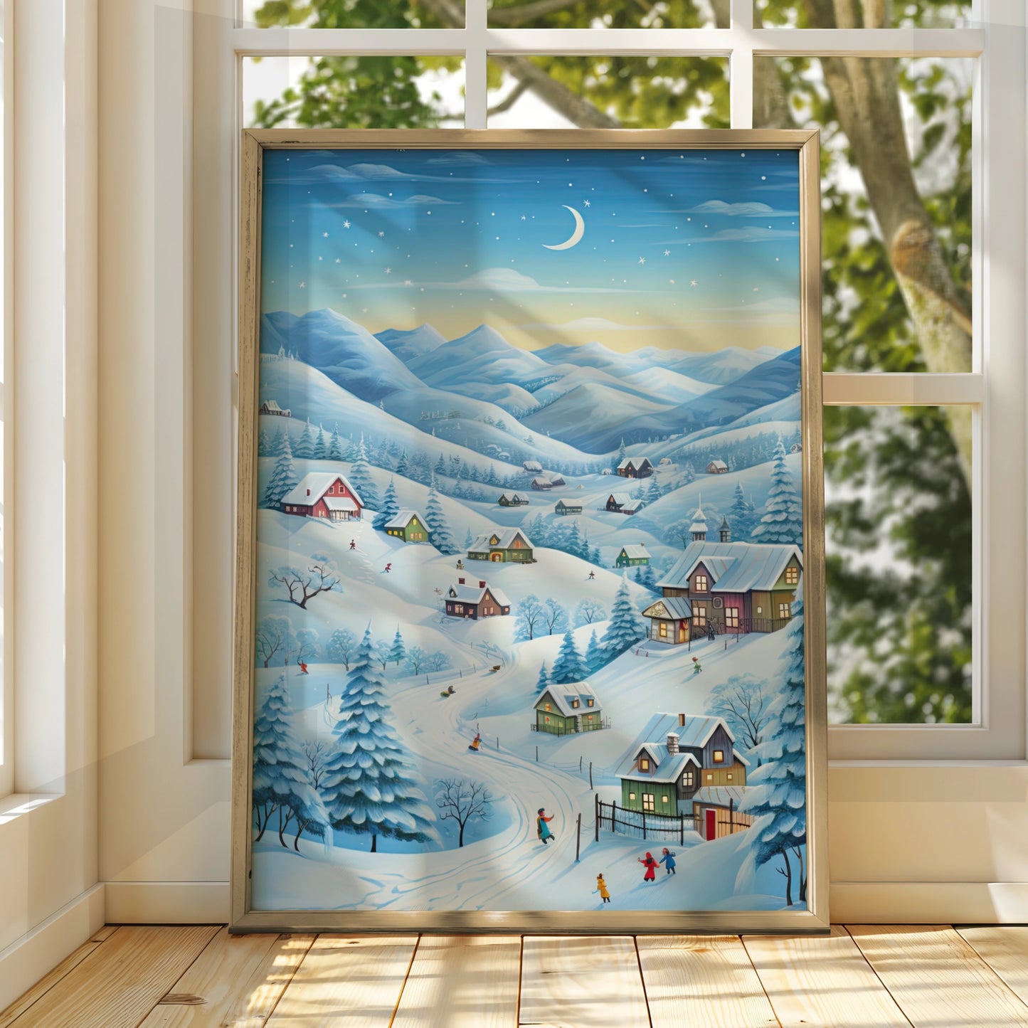 Christmas Village Winter Scene Poster, Snowy Landscape Wall Art, Festive Holiday Print