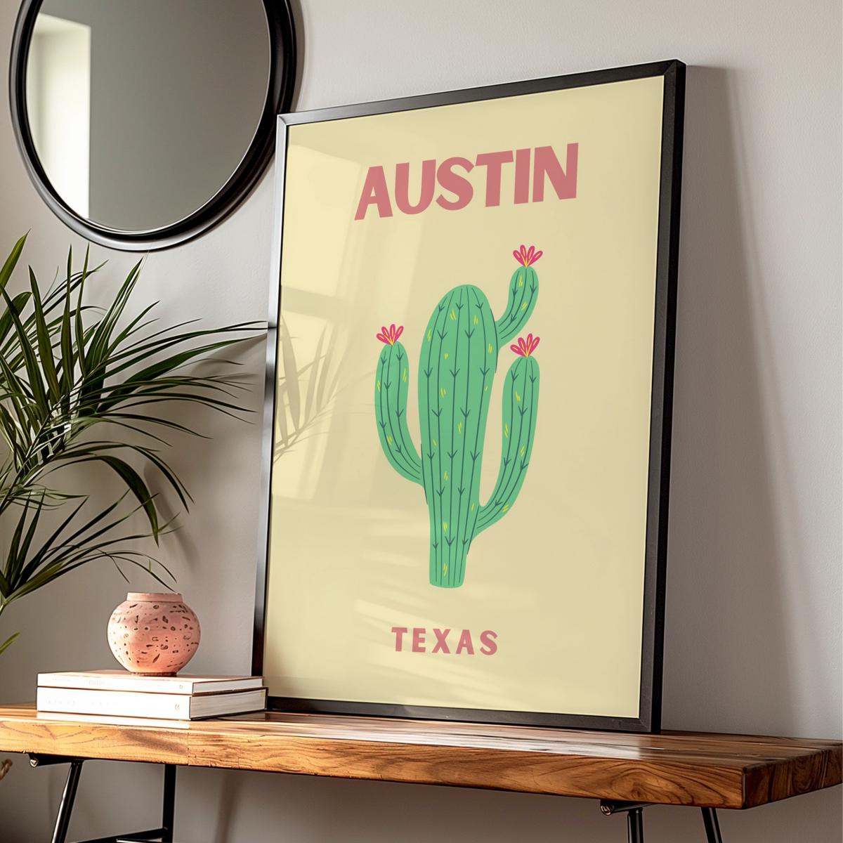 Austin Texas Travel Poster, Cactus Wall Art, Retro Texas Print, Southwestern Home Decor