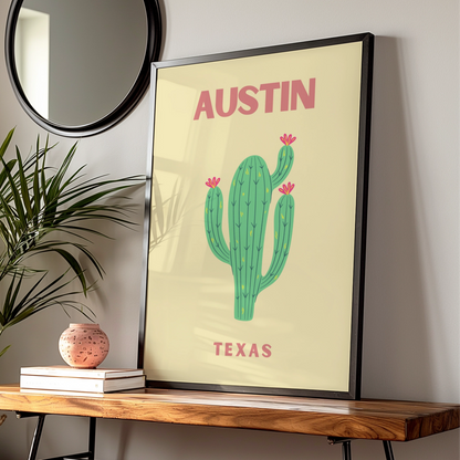 Austin Texas Travel Poster, Cactus Wall Art, Retro Texas Print, Southwestern Home Decor