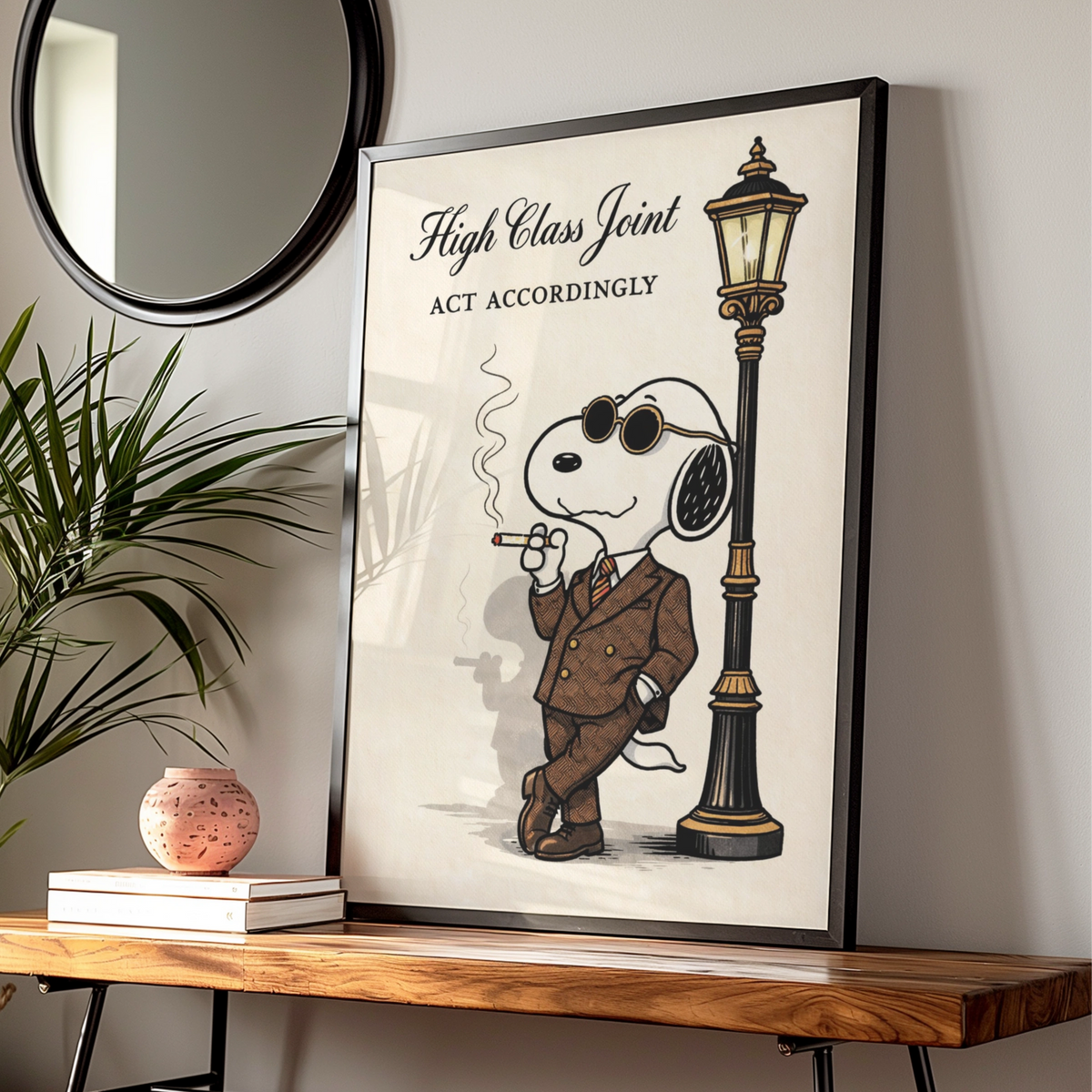 High Class Joint Cartoon Dog Poster, Dapper Suit Funny Wall Art, Quirky Retro Print