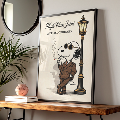 High Class Joint Cartoon Dog Poster, Dapper Suit Funny Wall Art, Quirky Retro Print