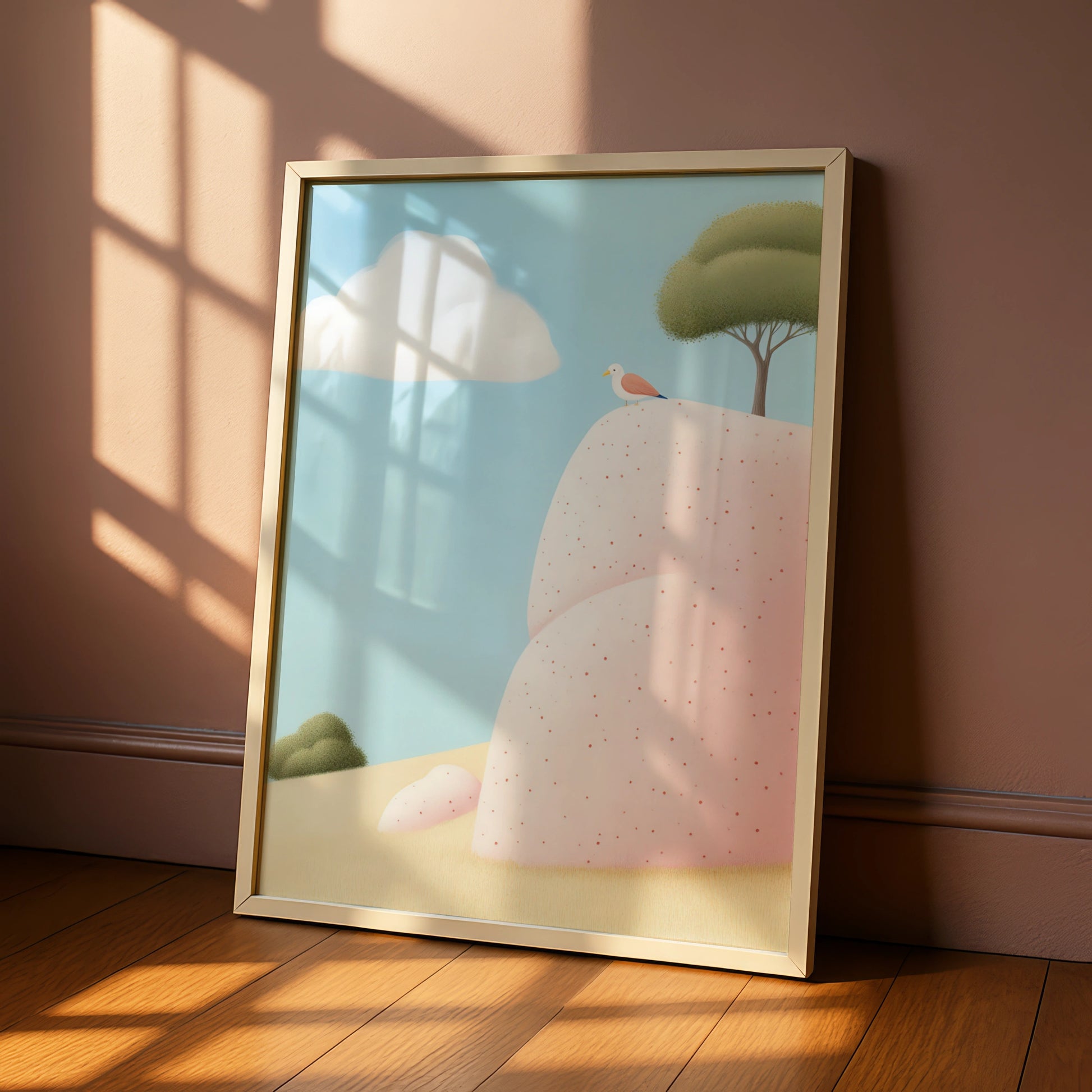 Bird on Pink Rock Nursery Wall Art, Whimsical Nature Print, Pastel Baby Room Poster