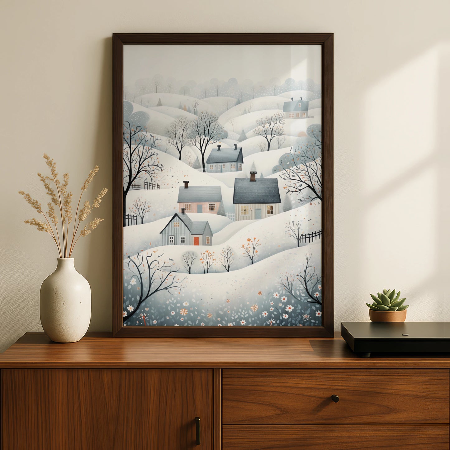 Christmas Winter Village Poster, Snowy Scandinavian Landscape, Festive Wall Art Print
