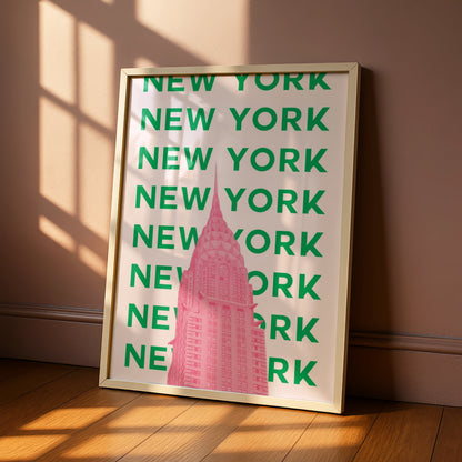 New York Travel Poster, NYC Retro Wall Art, Chrysler Building Pink Green Print