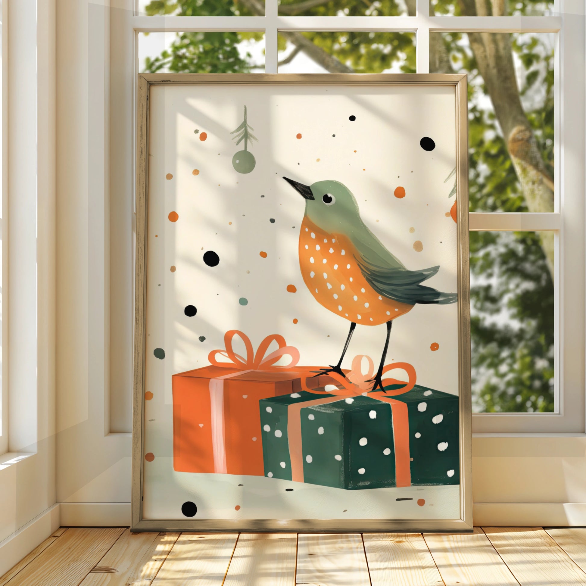 Christmas Robin Poster, Festive Bird Wall Art, Cute Xmas Gift Print, Green Orange Illustrated