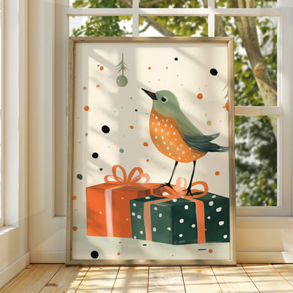 Christmas Robin Poster, Festive Bird Wall Art, Cute Xmas Gift Print, Green Orange Illustrated