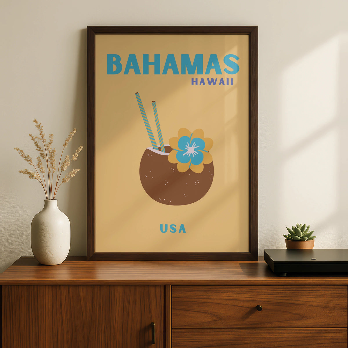 Bahamas Hawaii Travel Poster, Retro Tropical Wall Art, Coconut Drink Print, Beach Decor