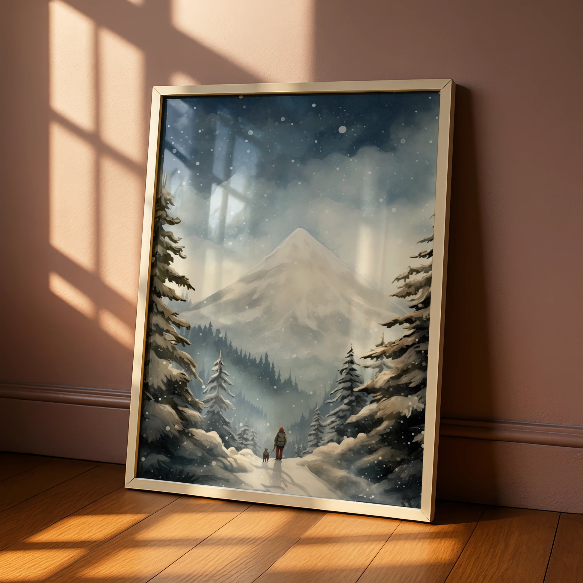Christmas Winter Mountain Poster, Snowy Forest Walk Dog Print, Festive Wall Art